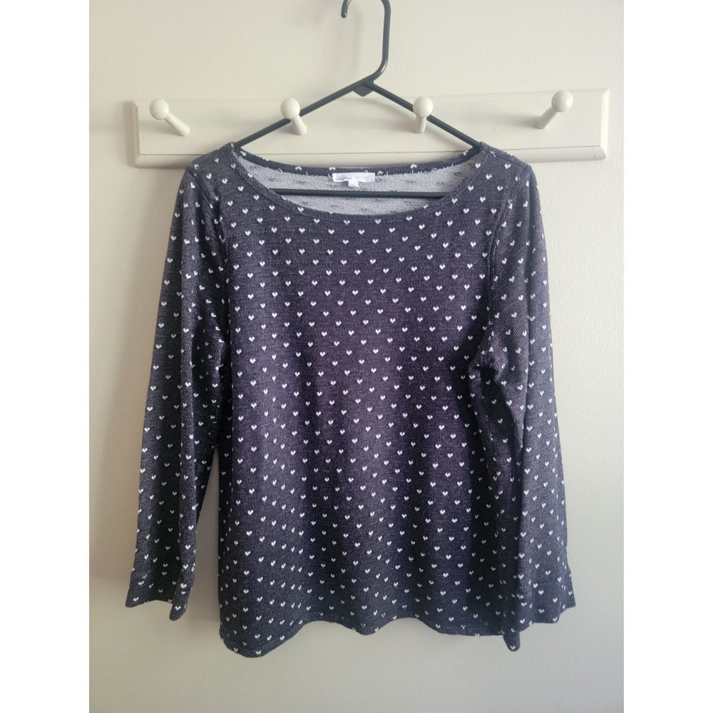 Talbots LP Navy Cotton L/S Top Heart Textured Embroidered Boat Neck Pullover EUC